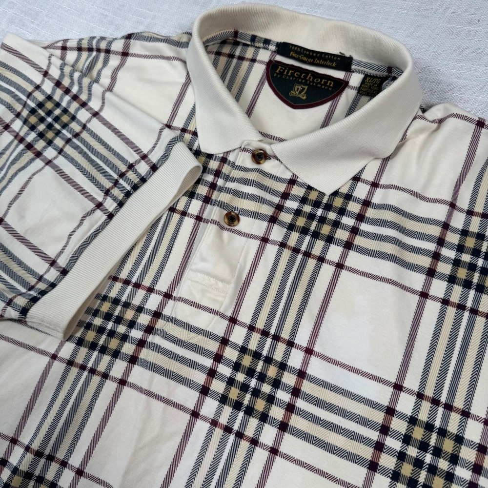 VTG Firethorn Men XL Polo‎ Shirt Cream Plaid Cotton Preppy Heritage Grandpa Golf
